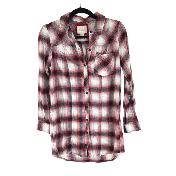 Forever 21 Womens Flannel Shirt Tunic Plaid Pocket Red White S - Picture 1 of 3